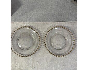 Vintage 1950s Clear Glass 8" Plates Gold Beaded Rim Salad Dessert Set of 2