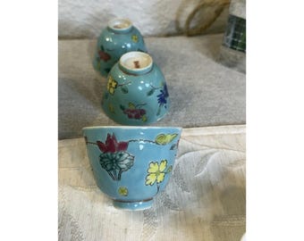 3 Vintage Chinese Turquoise Famille Rose Floral Tea Cups - Mid Century Export