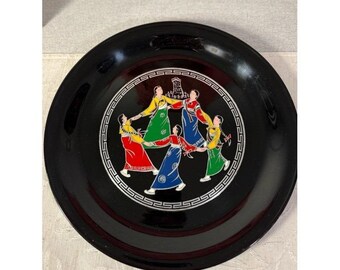 Vintage Korean Folk Dance Plastic Wall Hanging Plate 13" Retro Art Black