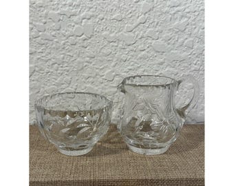 Vintage Cut Glass Creamer & Sugar Bowl Set Daisy Floral Starburst Pattern