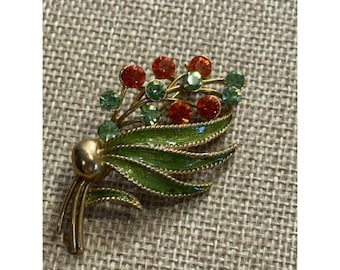 Vintage M.JENT Gold Tone Brooch Orange Green Rhinestones Green Enamel Floral