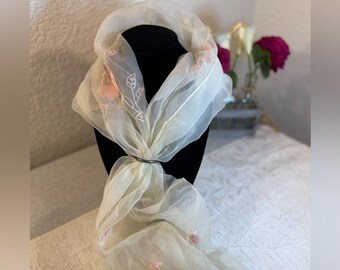 Vtg 1950s Bariba Georgie Nylon Scarf - Hidden Geisha Novelty Embroidery - 60x20