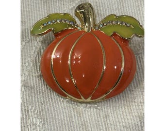 Vintage Orange Enamel Pumpkin Brooch Pin Gold Tone Rhinestone Fall Halloween