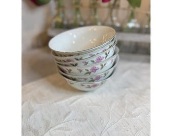 Set of 6 Vintage Hunan Shiwan Pink Floral Rice Bowls 4.5" Platinum Rim