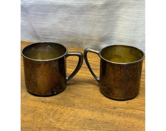 Vintage Silver Plated Miniature Mugs Tiny Cups Mid Century Barware Pair NOTE
