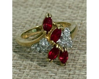 Vintage Marquise Red Stone & Clear Accent Cluster Cocktail Ring Sz 7.25