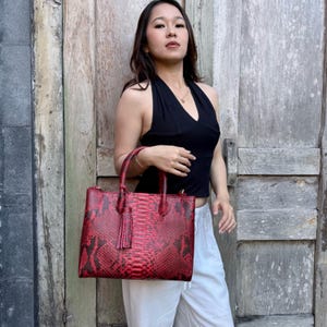 May include: A structured rectangular handbag featuring a vibrant red and black snakeskin pattern. The bag includes two top handles, a decorative matching tassel hanging from one handle, and gold-toned hardware accents on the sides and handle attachments.