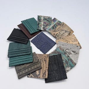 May include: A collection of rectangular card holders arranged in a circular pattern. The items feature various textures and colors, including solid black, dark green, navy blue, and several snake-skin patterns in shades of tan, gray, and teal.
