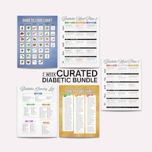 Peut inclure: Un ensemble de tableaux et de listes imprimés pour la planification des repas pour diabétiques. Comprend un tableau des aliments avec des illustrations, deux tableaux de plans de repas et une liste d'épicerie. Le texte "2 Week Curated Diabetic Bundle" est également visible.