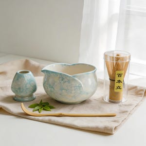 Blue Marble Spouted Matcha Bowl, Ceramic Chawan with Whisk Holder, Japanese Tea Ceremony Set for One, Aesthetic Matcha Gift for Tea Lovers