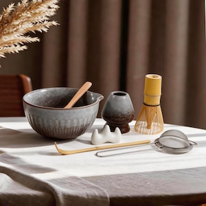 Handmade Deep Matcha Bowl Set with Pour Spout, Narrow Rim Ceramic Chawan, Professional Matcha Mixing Bowl, Japanese Tea Kit Gift