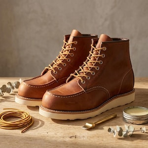 Puede incluir: Un par de botas de cuero marrón con puntera tipo mocasín, diseño de caña alta, ojales metálicos dorados y cordones de color amarillo parduzco. Las botas cuentan con una suela gruesa de goma blanca y costuras blancas en contraste en la puntera.