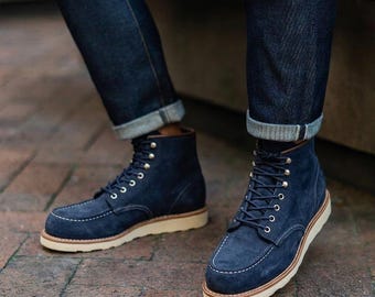 Navy Nubuck Moc Toe Boots | Handmade Heritage Work Boots with Vibram Sole