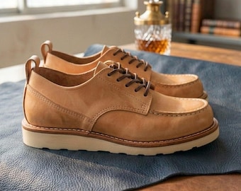 Handmade Full Grain Leather Moc Toe Oxford Shoes, Goodyear Welted Casual Work Footwear