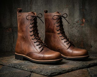 Botas Ranger de cuero hechas a mano, estilo militar de combate con construcción Goodyear, caña alta.