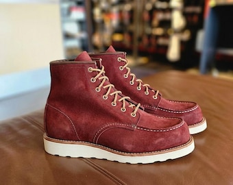 Red Nubuck Moc Toe Boots | Handmade Vibram Sole Heritage Work Boots
