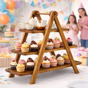 3 Tier Serving Tray, Cupcake Stand,  Rectangle Platter, Wooden Party Brown Decorative Tray
