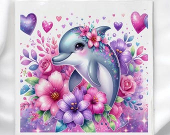 Op de afbeelding: Een grillige illustratie van een dolfijn omringd door roze, paarse en blauwe bloemen en harten. De dolfijn is grijs met een bloemenkrans. Het kunstwerk heeft een zachte, dromerige esthetiek, perfect voor kinderkamerdecoratie.