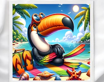 May include: A colorful illustration of a toucan wearing sunglasses, sitting on a beach towel with flip-flops and a suitcase. The toucan has a large orange beak and rainbow-colored feathers. The background shows a sunny beach scene with palm trees and the ocean.