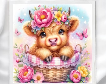 May include: A whimsical illustration of a fluffy brown Highland cow calf wearing a floral crown, nestled in a wicker basket with a pink gingham lining. Pink butterflies and flowers surround the basket, set against a pastel background.