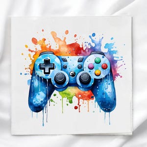 May include: Watercolor painting of a blue video game controller with black buttons and a directional pad. The controller is set against a backdrop of colorful paint splatters in shades of red, orange, yellow, green, and purple.