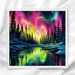 May include: Square print featuring a vibrant depiction of the Northern Lights over a forest and a reflective body of water. The sky is filled with pink, yellow, and green hues, while the trees are silhouetted against the colorful display. The water mirrors the sky's colors.