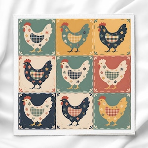 May include: A square textile featuring a grid of nine panels, each displaying a chicken with a red comb. The chickens are rendered in various colors including white, blue, yellow, and dark gray, decorated with small floral motifs and plaid wing patches.