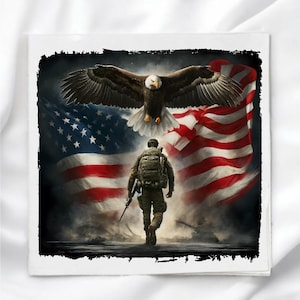 May include: An illustration featuring an American flag, a bald eagle with outstretched wings, and a soldier walking away from the viewer. The eagle is brown and white, the flag has red and white stripes and blue with white stars.