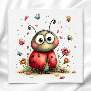 May include: A square print featuring a cartoon ladybug with large eyes, a red shell with black spots, and rosy cheeks. The ladybug is surrounded by colorful butterflies, scattered flower petals, and small flowers on a white background.