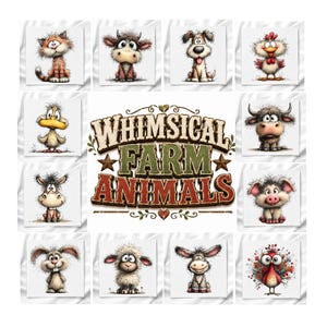 Whimsical Farm Animal Set of 12 Fabric Panels for Quilting, Crafting, DIY Sewing Project, Quilt Block, Craft Fabric