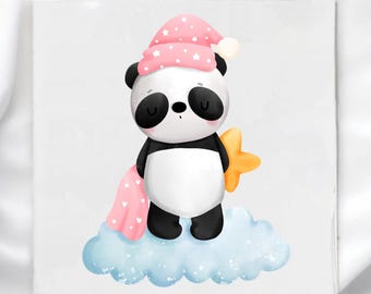 May include: A watercolor illustration of a panda wearing a pink nightcap with white stars, holding a yellow star, and standing on a blue cloud. The panda has black and white fur and is holding a pink blanket.