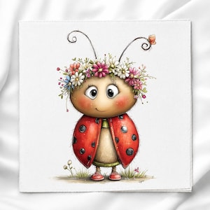 May include: A square print featuring a cartoon ladybug with large eyes, rosy cheeks, and a crown of colorful daisies and wildflowers. The ladybug has a red shell with black spots, a beige body, and small red shoes, with a tiny butterfly on one antenna.