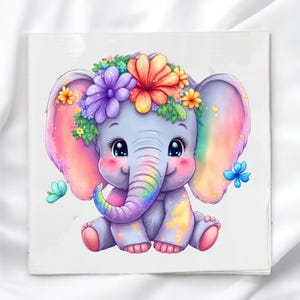 May include: A whimsical illustration of a baby elephant with a rainbow trunk and ears. The elephant is adorned with a floral crown of purple, orange, and yellow flowers. The image has a soft, pastel color palette, with a white background and a few butterflies.