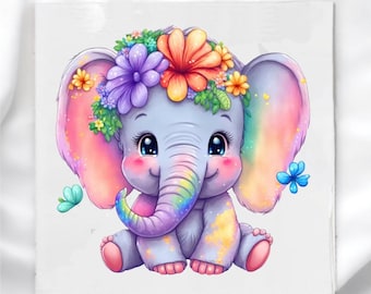 May include: A whimsical illustration of a baby elephant with a rainbow trunk and ears. The elephant is adorned with a floral crown of purple, orange, and yellow flowers. The image has a soft, pastel color palette, with a white background and a few butterflies.