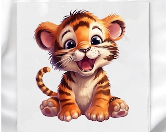 May include: A cheerful cartoon illustration of a baby tiger cub. The cub is depicted with orange and brown stripes, large eyes, and a wide, happy grin. The image is set against a white background, giving the cub a prominent focus.