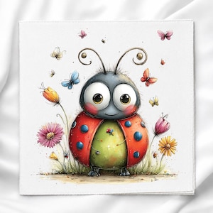 May include: A square print featuring a cartoon ladybug with large eyes, a red shell with blue spots, and a light green belly. The ladybug is surrounded by colorful flowers and small butterflies in shades of pink, orange, yellow, and blue.