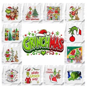 May include: A collection of twelve square graphic prints featuring the Grinch in various holiday scenes, including the text "GRINCHMAS" in large green and red letters, "MERRY GRINCHMAS", "I'M FINE. THIS IS FINE. EVERYTHING'S FINE.", and "Merry Christmas".