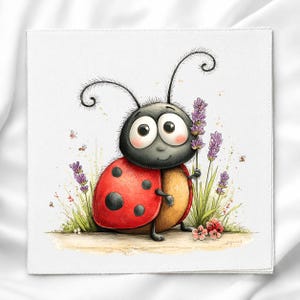 May include: A square art print featuring a cartoon ladybug with a large black head, wide eyes, and a red wing cover with black spots. The ladybug stands among green grass, purple lavender sprigs, and small pink flowers on a light background.