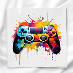 May include: A colorful, artistic rendering of a video game controller. The controller is black with buttons in blue, yellow, orange, and pink. Splatters of paint in various colors surround the controller, creating a vibrant and dynamic design.