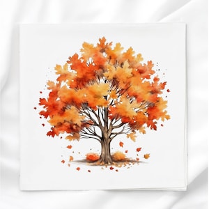 May include: Watercolor painting of a tree in autumn. The tree has a brown trunk and branches, with vibrant orange and yellow leaves. Some leaves are falling to the ground. The artwork is on a white background.