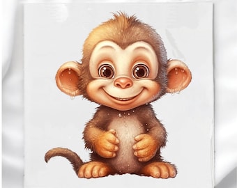May include: A square print featuring a cartoon monkey with a cheerful expression. The monkey has brown fur, large brown eyes, and a pink nose. It is sitting with its hands clasped and has a long tail. The background is white.