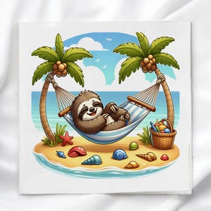 May include: A cartoon illustration of a sloth relaxing in a hammock on a tropical beach. Palm trees frame the scene, with seashells and a basket of items nearby. The sloth is brown and smiling, with a blue and white striped hammock.