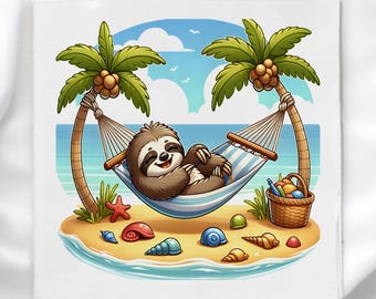 May include: A cartoon illustration of a sloth relaxing in a hammock on a tropical beach. Palm trees frame the scene, with seashells and a basket of items nearby. The sloth is brown and smiling, with a blue and white striped hammock.