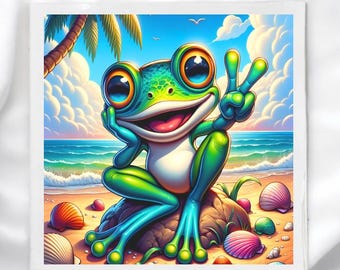 May include: A colorful illustration of a cheerful frog on a beach. The frog, with large blue eyes and a peace sign, sits on a rock near seashells. The background features a beach, ocean, palm tree, and a bright blue sky with clouds.