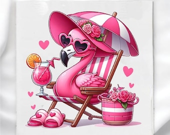 May include: A pink flamingo wearing heart-shaped sunglasses, a hat, and seated in a beach chair under a striped umbrella. It holds a cocktail with an orange slice. Pink hearts and a basket of roses complete the tropical scene.
