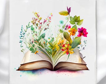 May include: Watercolor illustration of an open book with colorful flowers and foliage bursting from its pages. The artwork features vibrant hues of pink, yellow, green, and blue, creating a whimsical and artistic design. The book's pages are visible, suggesting a literary theme.