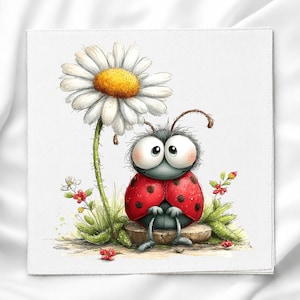 May include: A square print featuring a cartoon ladybug with large eyes and a red, black-spotted shell sitting on a small log. Beside the ladybug is a tall white daisy with a yellow center, surrounded by small green leaves and tiny red flowers.