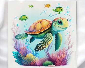 May include: Watercolor illustration of a sea turtle swimming underwater with colorful coral and small fish. The turtle has a yellow and brown shell, green flippers, and a smiling face. Bubbles float around the turtle and fish.