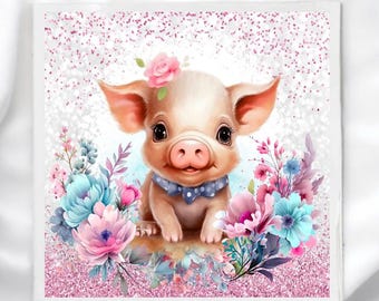 May include: A square illustration features a charming piglet with a pink bow tie and a flower on its head. The piglet is surrounded by colorful flowers in shades of pink, blue, and purple, set against a glittery background.