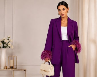 Lila Feder Manschette Blazer Set, Chic Hosenanzug, Taille Cinching Blazer & Hose mit geradem Bein